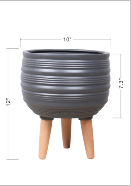SYA 10Wx12H GREY TEXTURED POT W/ WOOD LEGS