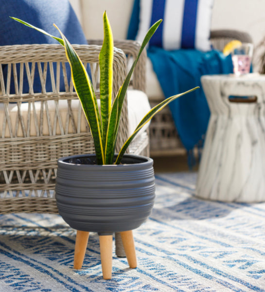 SYA 10Wx12H GREY TEXTURED POT W/ WOOD LEGS