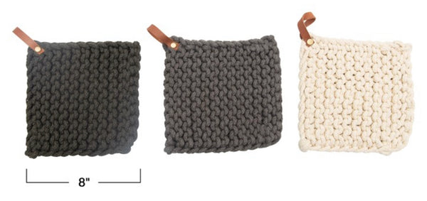 CC 8” OLIVE GRN Crocheted Pot Holder w/Leather Loop