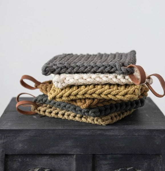 CC 8” OLIVE GRN Crocheted Pot Holder w/Leather Loop