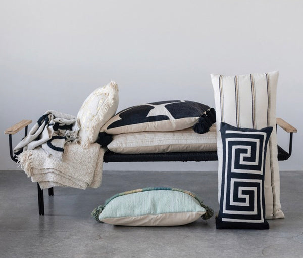 CC 24"L x 12"H Woven Cotton Lumbar Pillow w/ Appliqued Design, Black&White
