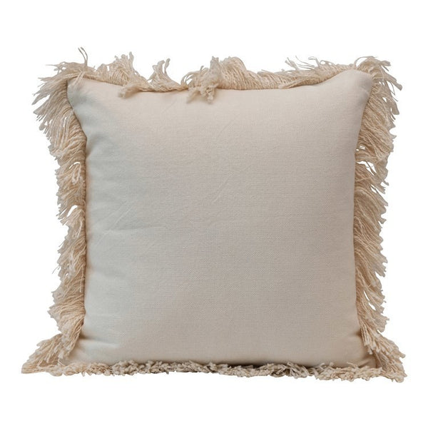 CC 18" Square Cotton Pillow w/ Applique, Gold Foil & Fringe, Cream Color