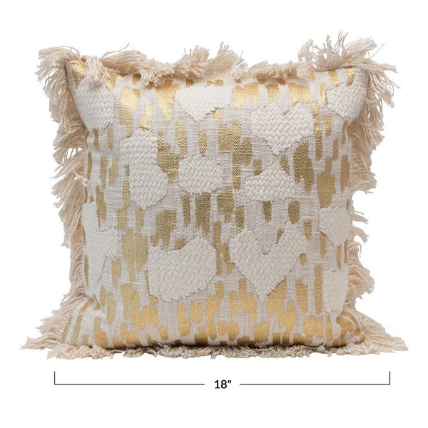 CC 18" Square Cotton Pillow w/ Applique, Gold Foil & Fringe, Cream Color