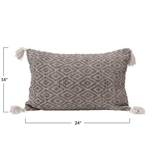 CC 24"L x 16"H Cotton Woven Lumbar Pillow w/ Diamond Pattern & Tassels, Black, Cream & Tan Color