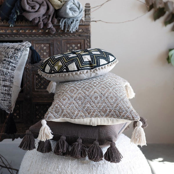 CC 24"L x 16"H Cotton Woven Lumbar Pillow w/ Diamond Pattern & Tassels, Black, Cream & Tan Color