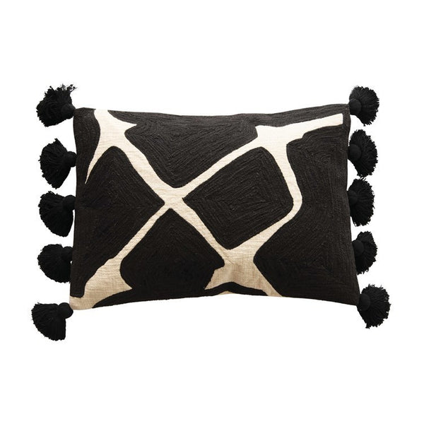 CC 26"L x 18"H Cotton Embroidered Lumbar Pillow, Black & White