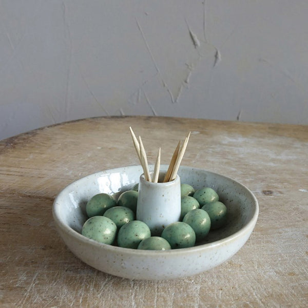CC Stoneware Dish w/ Toothpick Holder, Reactive Glaze, White (EachWill Vary)
