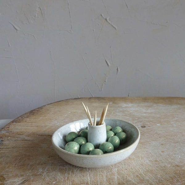 CC Stoneware Dish w/ Toothpick Holder, Reactive Glaze, White (EachWill Vary)
