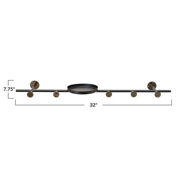 B 32"W x 2"D x 7.75"H Metal Wall Hook w/ 1 Shelf & 5 Hooks, Black&Brass