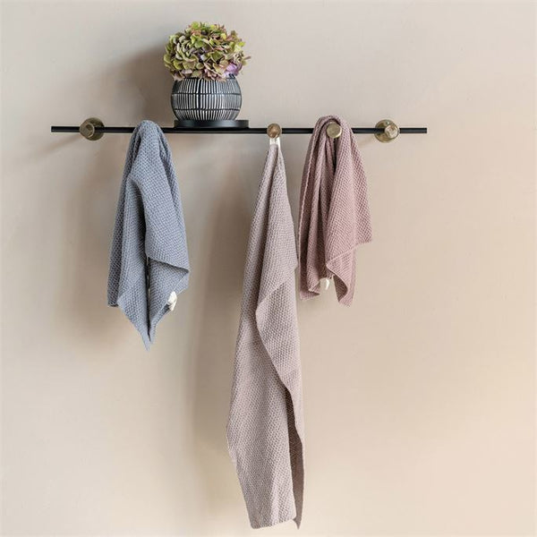 B 32"W x 2"D x 7.75"H Metal Wall Hook w/ 1 Shelf & 5 Hooks, Black&Brass