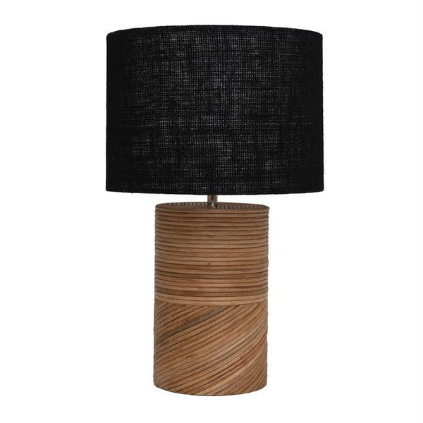 B Rattan & Wood Table Lamp w/ Black Jute Shade