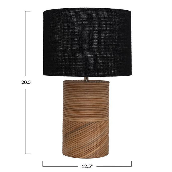 B Rattan & Wood Table Lamp w/ Black Jute Shade