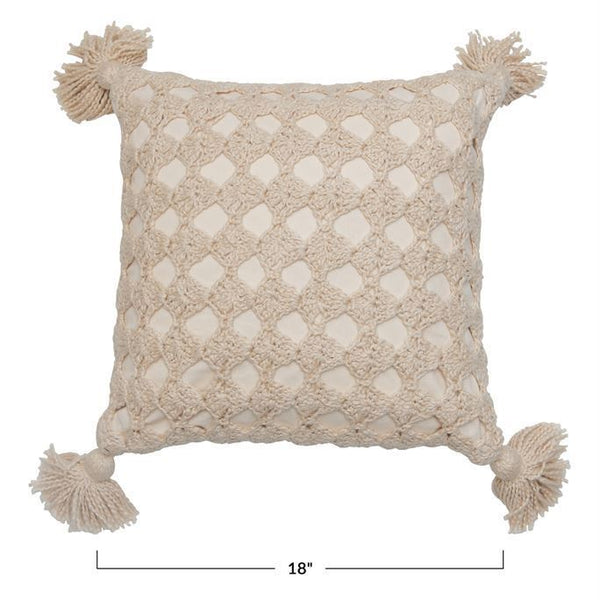 B 18" Square Cotton Crocheted Pillow w/ Tassels, Natural Color