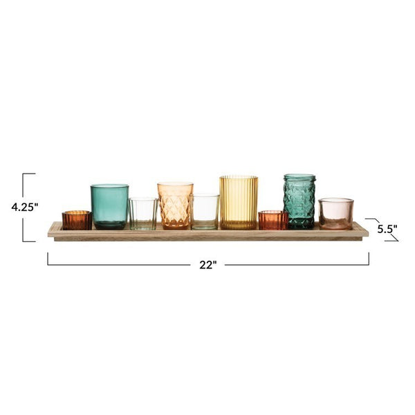 CC Embossed Glass Tealight/Votive Holders w/ Wood Tray,