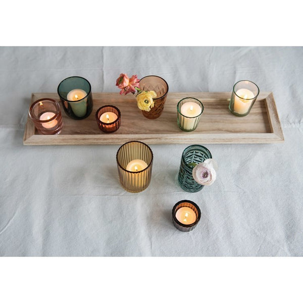 CC Embossed Glass Tealight/Votive Holders w/ Wood Tray,