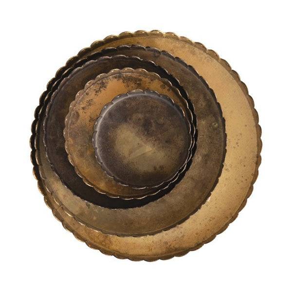 Set/5 Antique Brass Trays w/ Scalloped Edge