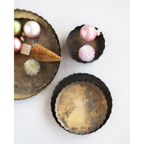 Set/5 Antique Brass Trays w/ Scalloped Edge