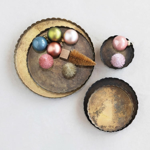 Set/5 Antique Brass Trays w/ Scalloped Edge