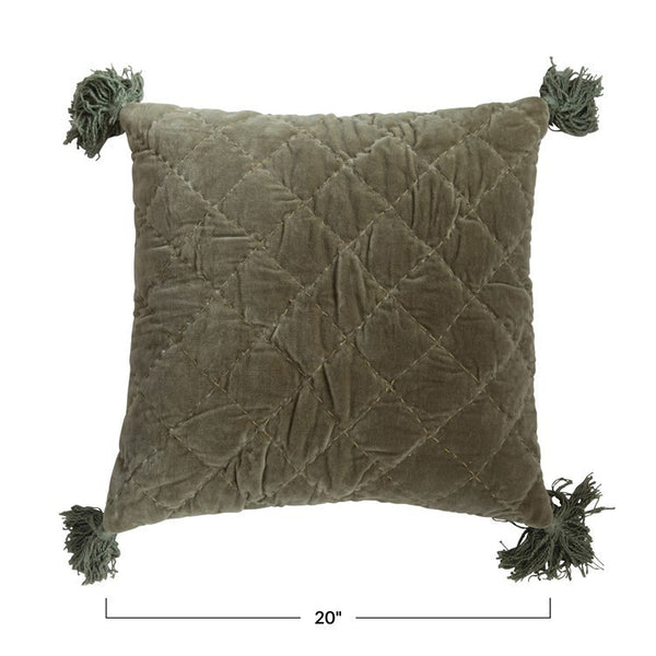CC 20" Velvet Quilted Pillow w/ Kantha Stitch & Tassels