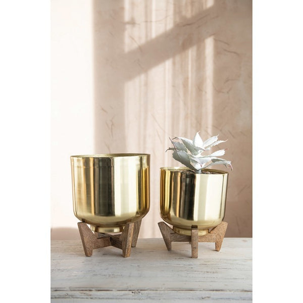 GOLD METAL POT W/ WOOD STAND