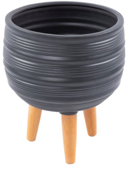 SYA 10Wx12H GREY TEXTURED POT W/ WOOD LEGS