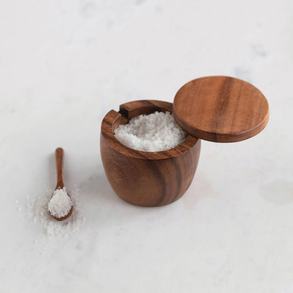 ACACIA WOOD COVERED JAR W/ SPOON