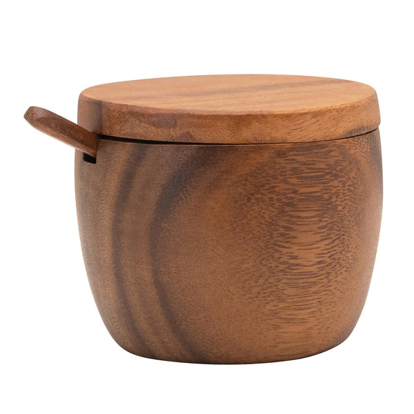 ACACIA WOOD COVERED JAR W/ SPOON