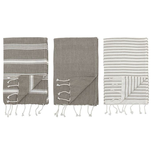 B SET/3 TURKISH Tea TowelsTassels, Grey & White