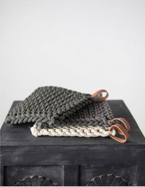 CC 8” OLIVE GRN Crocheted Pot Holder w/Leather Loop