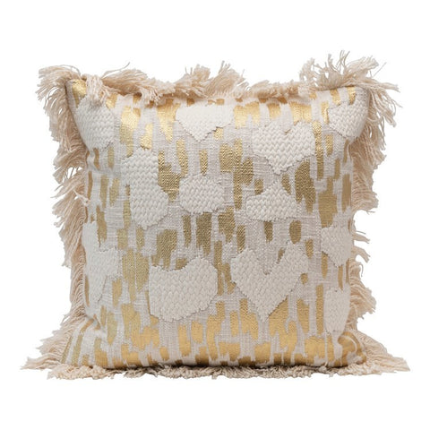 CC 18" Square Cotton Pillow w/ Applique, Gold Foil & Fringe, Cream Color