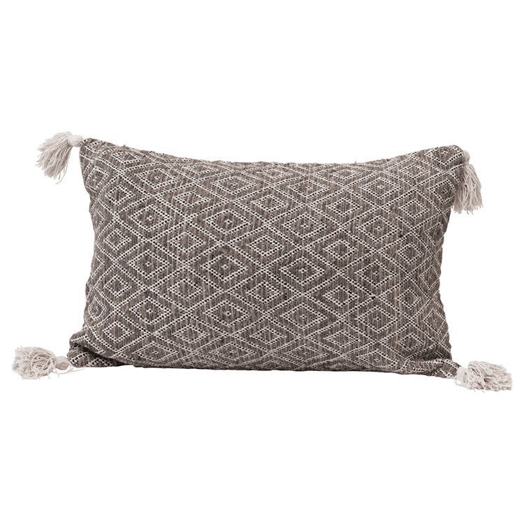 CC 24"L x 16"H Cotton Woven Lumbar Pillow w/ Diamond Pattern & Tassels, Black, Cream & Tan Color