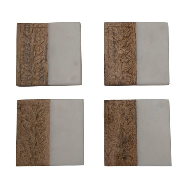 CC Hand-Carved Mango Wood & Marble Coasters with Engraved Design, White & Natural, Set of 4