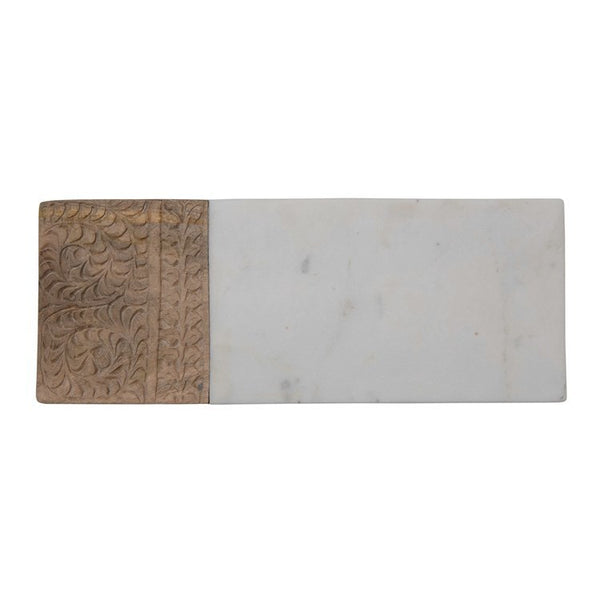 Hand-Carved Mango Wood & Marble Serving Board w/Engraved Design
