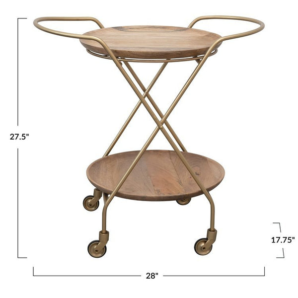 CC 2-Tier Bar Cart on Casters, Gold Finish