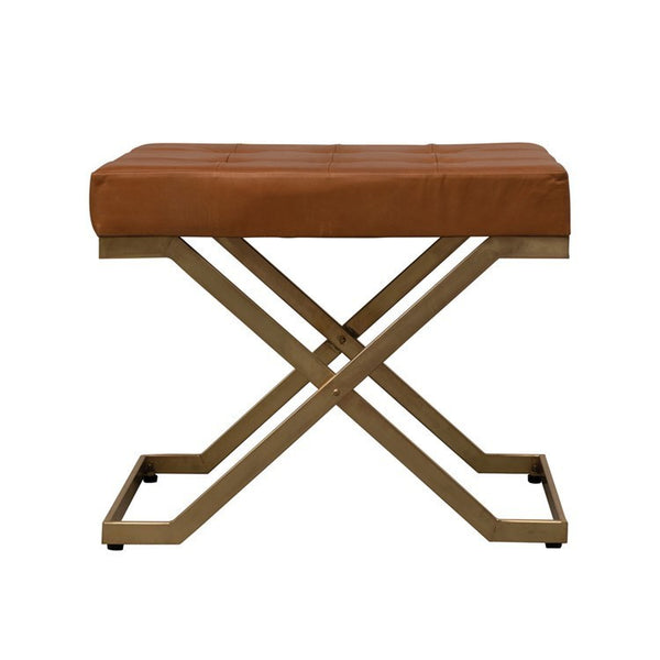 Tufted Leather Stool with Brass Finish Metal Legs