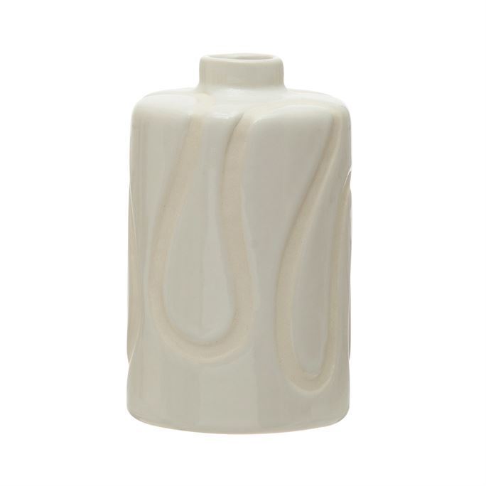 B Stoneware Vase w/ Debossed Design, White