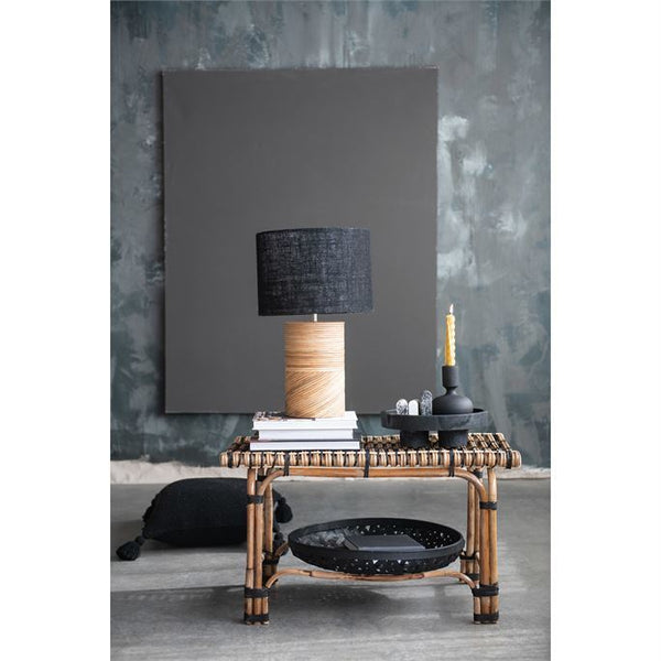 B Rattan & Wood Table Lamp w/ Black Jute Shade