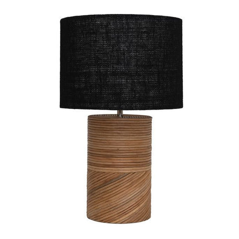 B Rattan & Wood Table Lamp w/ Black Jute Shade