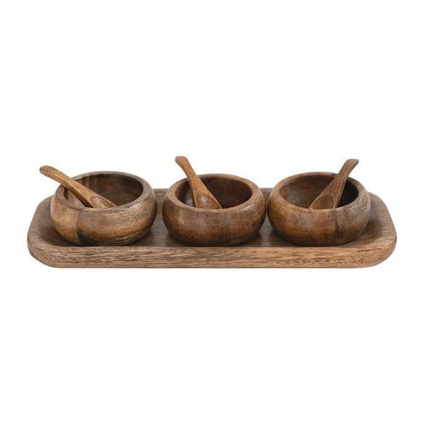 B Mango Wood Tray w/Bowls&Spoons