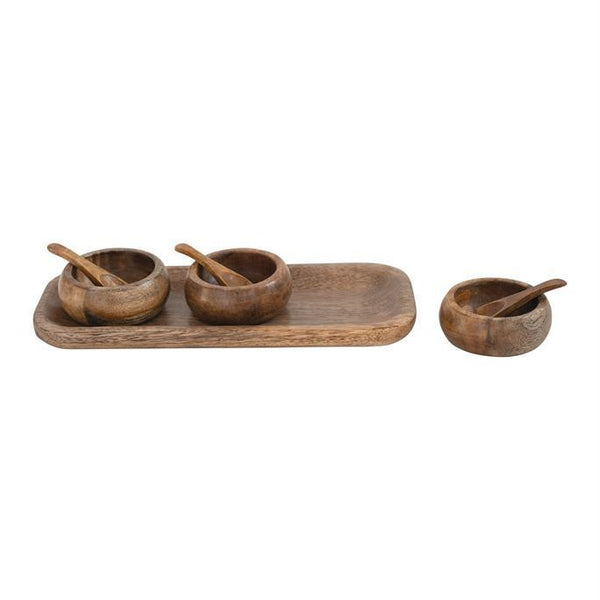B Mango Wood Tray w/Bowls&Spoons