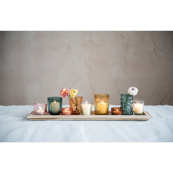 CC Embossed Glass Tealight/Votive Holders w/ Wood Tray,