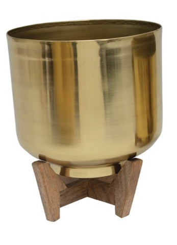 GOLD METAL POT W/ WOOD STAND