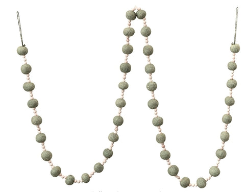 72” SAGE GREY FELT WOOL BALL GARLAND W/ WOOD BEADS