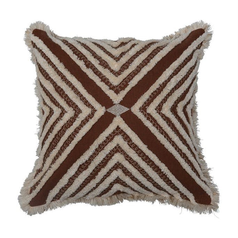 B 18"  Tufted&Embroidered Pillow w/ Metallic Thread & Fringe, Brown & Cream