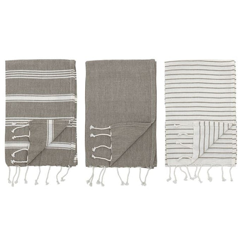 B SET/3 TURKISH Tea TowelsTassels, Grey & White