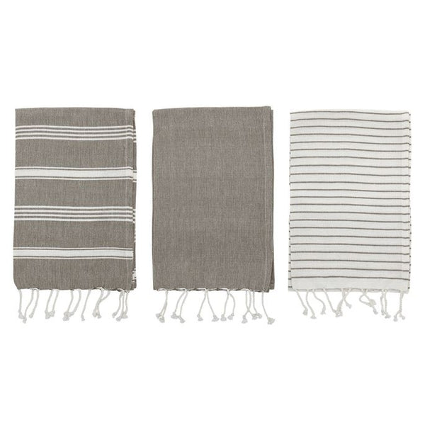 B SET/3 TURKISH Tea TowelsTassels, Grey & White